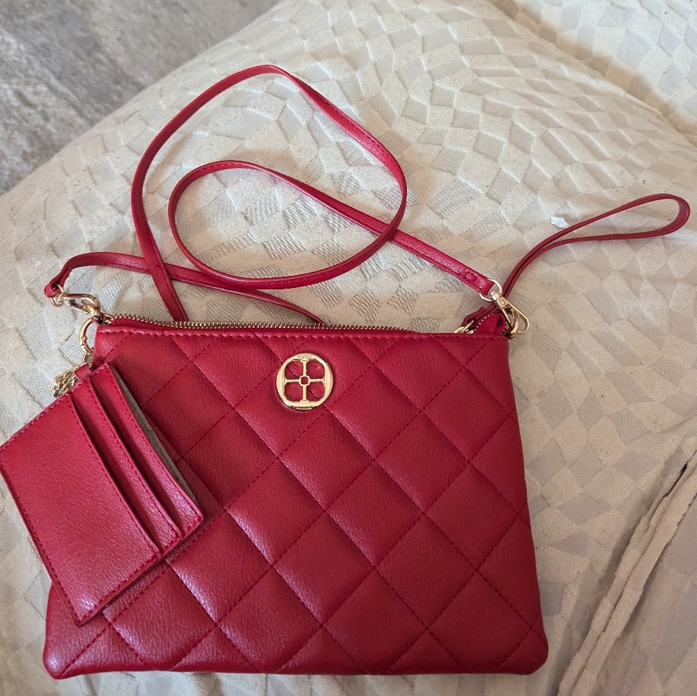 IMAN Cherry Crossbody/ Clutch Bag with Gold Details. Includes Card Holder